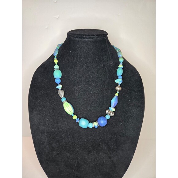 Jewelry - Colorful Beaded Necklace with Silver Tone Hook Closure Blues Greens